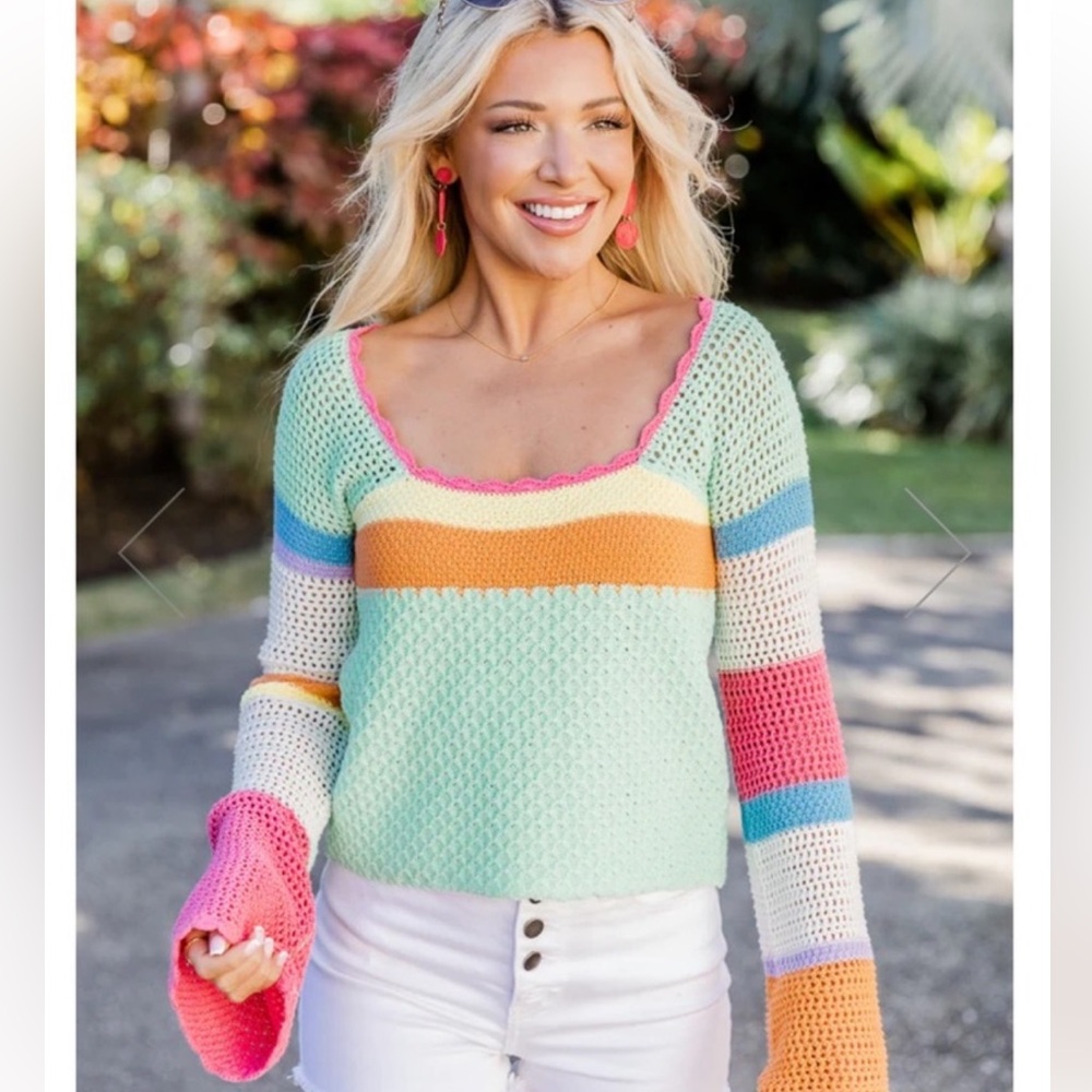 Pink Lily Flying Colors Square Neck Crochet Multicolor Sweater Size Large